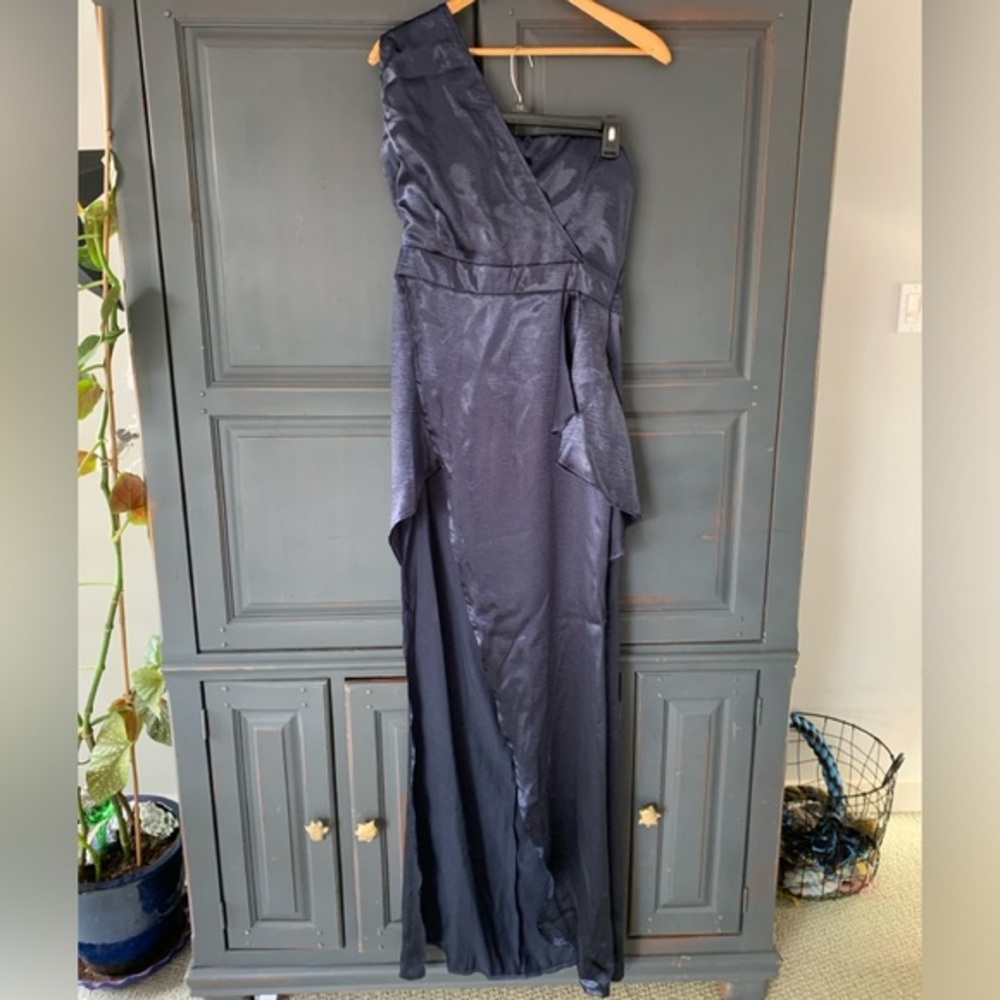 Navy one shoulder Maxi Party Dress with High Slit